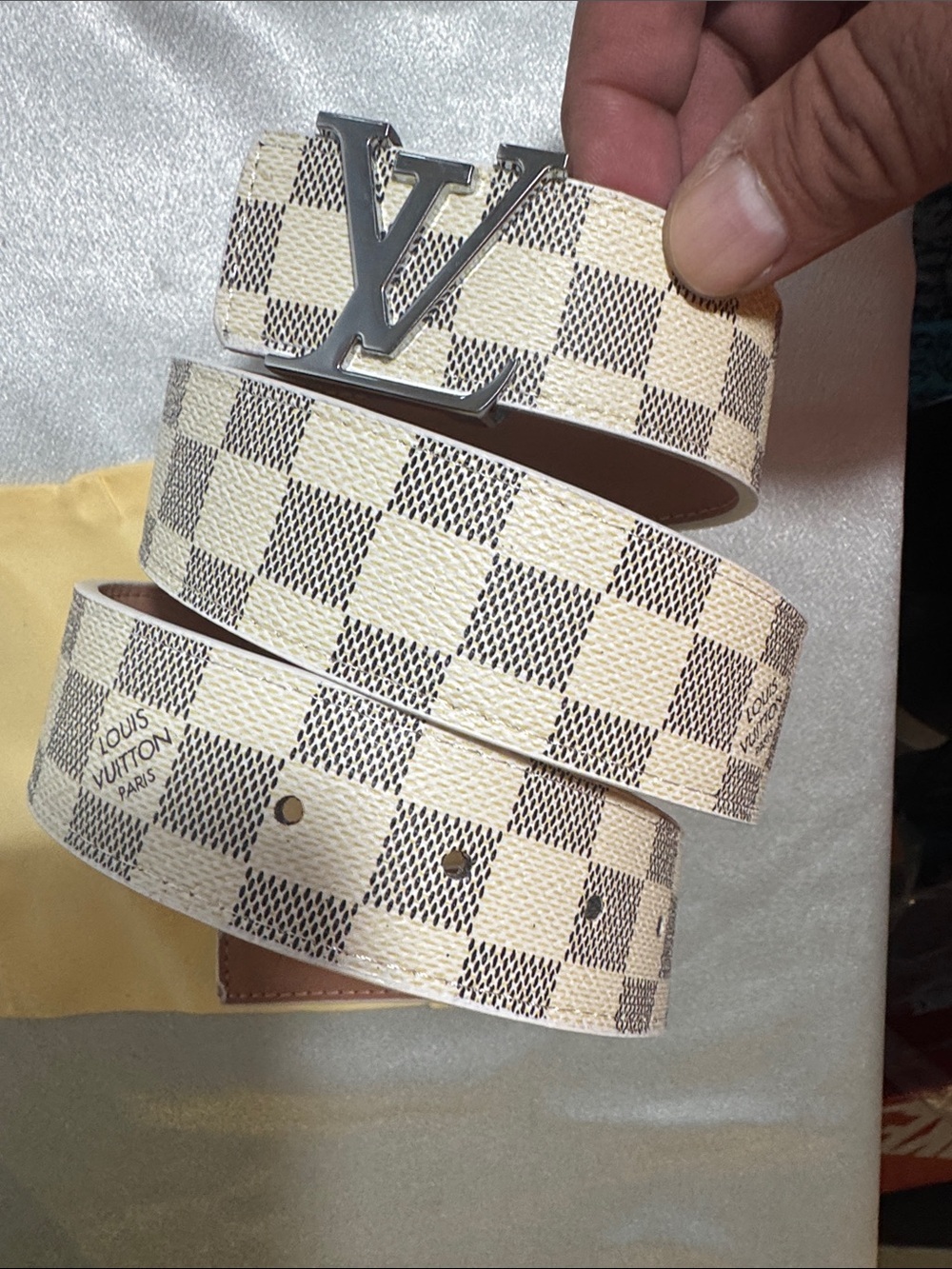 Louis Vuitton Damier Azur Canvas Belt with Silver LV Buckle - Cream/Brown🔥New! - Picture 3 of 9